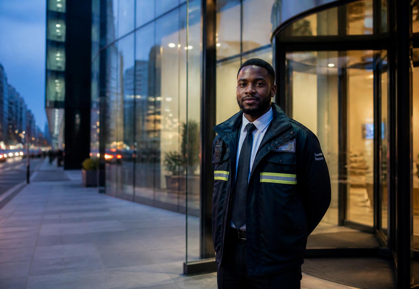 A uniformed security officer on duty outside a modern UK office building at dusk