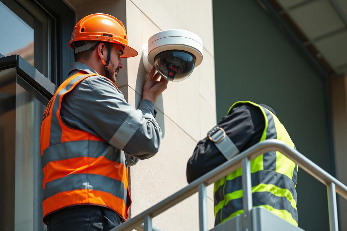 A technician in PPE fitting a commercial dome CCTV camera to a building from a safe access platform