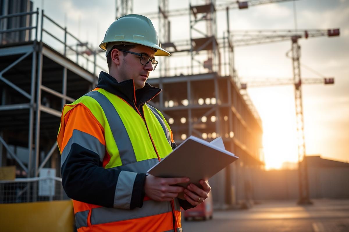 A security officer in a hard hat and hi-vis jacket checking the log at a UK construction site gate