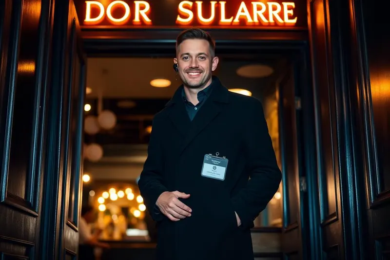 A licensed door supervisor welcoming guests at the entrance of a UK venue at night