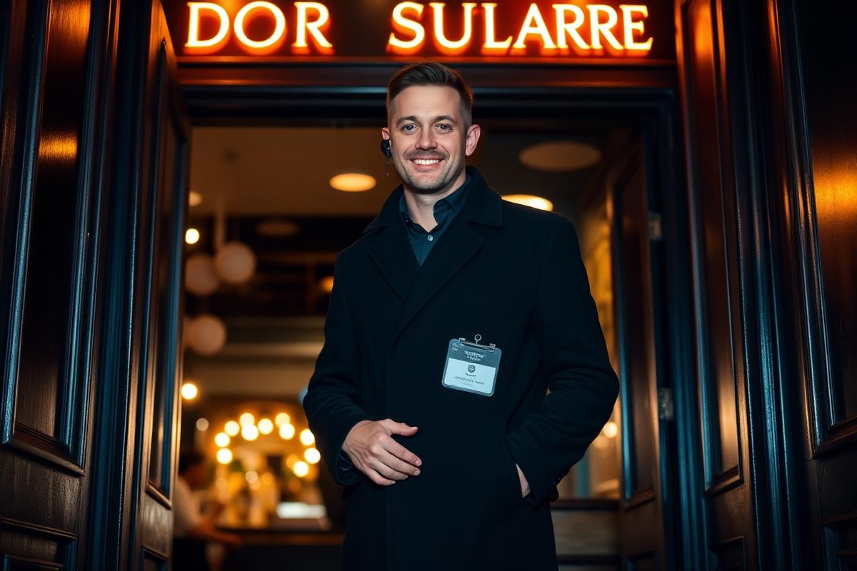 A licensed door supervisor welcoming guests at the entrance of a UK venue at night