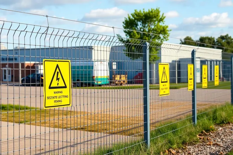 A clearly signed electric security perimeter fence protecting a UK industrial site