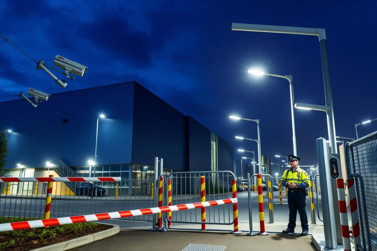 A UK commercial site at night combining CCTV cameras, a barrier, security lighting and an officer on duty