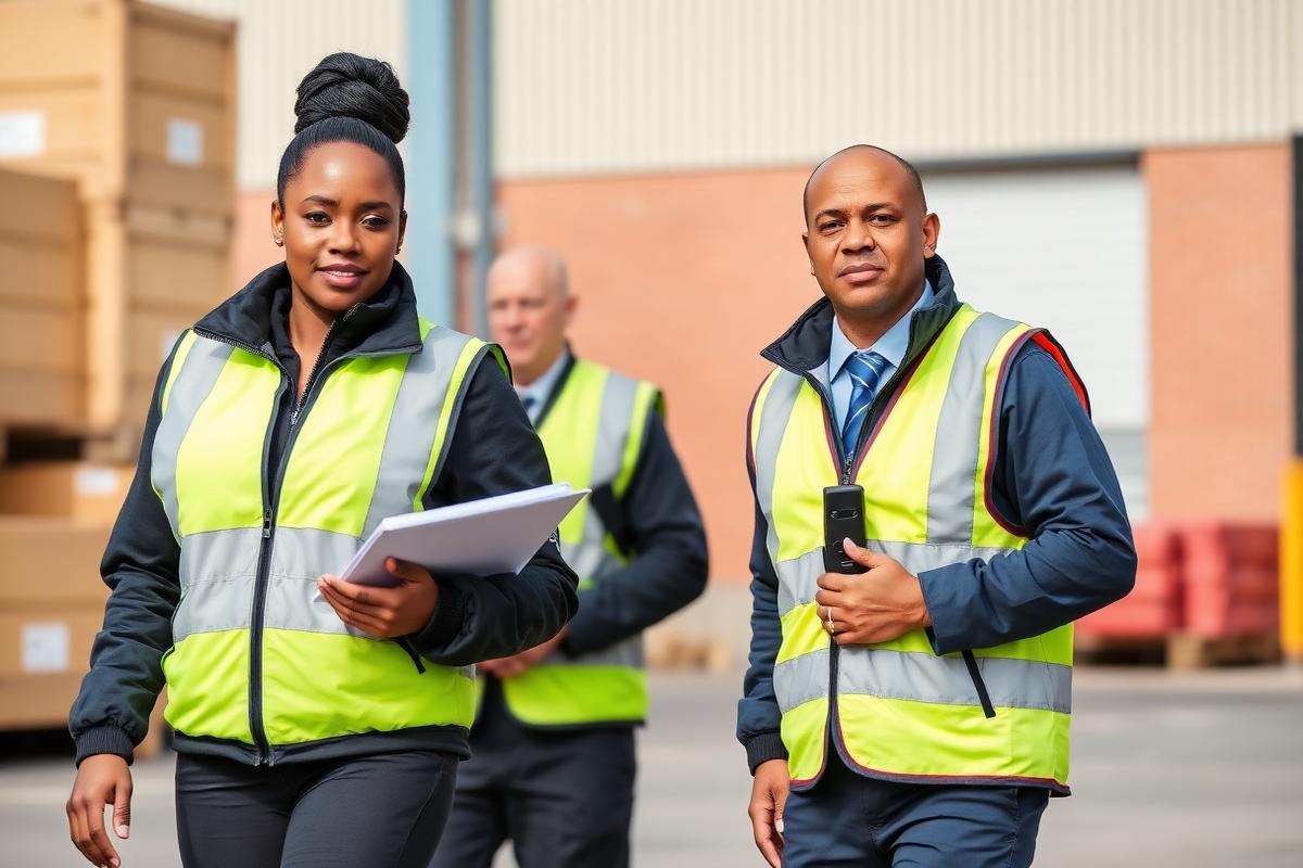 Two uniformed security officers in high-visibility jackets patrolling a UK warehouse yard